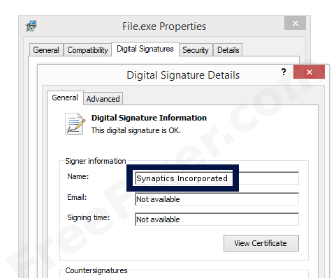 Screenshot of the Synaptics Incorporated certificate